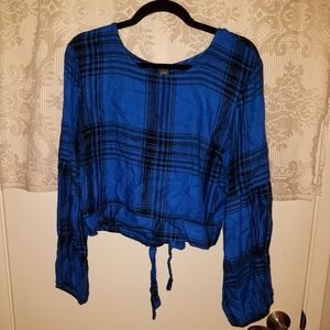 Plaid Blouse Crop Top with Tied Back